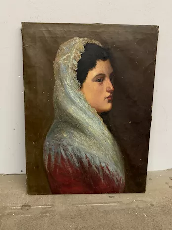 Antico dipinto olio su tela ritratto di signora