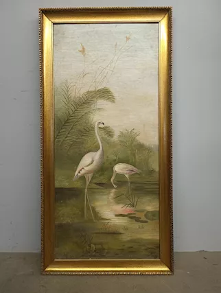 Antico dipinto ad olio su tela liberty con fenicotteri '900