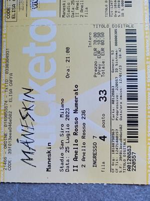 Sottoprezzo Maneskin San Siro 2 biglietti 25 luglio