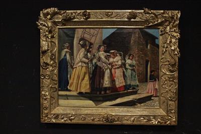 Quadro olio su tela di dame con cornice coeva legno scolpito - Anteprima 1