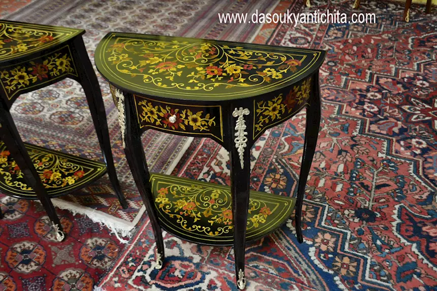 Coppia di tavolini - console ebanizzati mezzo giro, in legno - Foto 4