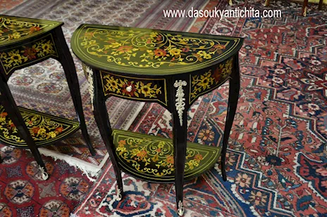 Coppia di tavolini - console ebanizzati mezzo giro, in legno - Foto 4