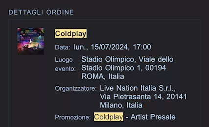 Biglietti Coldplay roma 15 luglio 2024