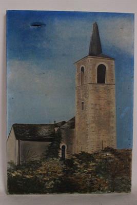 Quadro olio su tela di campanile con firma dell'autore