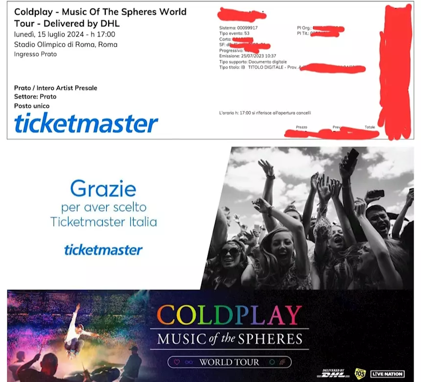 1 biglietto Coldplay, settore Prato - 15 Luglio 2024 - Roma