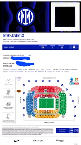 2 Biglietti Inter – Juventus | Terzo Anello Rosso 326 Fila 3
