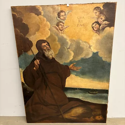 Antico grande dipinto olio su tela raffigurante San Frances