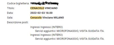 Biglietti Cenacolo Vinciano 3 Febbraio