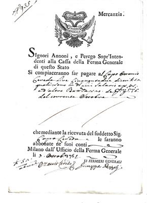 Ricevuta Ferma Nova del 1761 mercanzia
