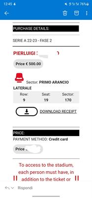 Biglietto 1 Anello Arancio Laterale Milan-Udinese