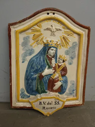 Antica targa con Vergine e Bambino in maiolica XIX sec.