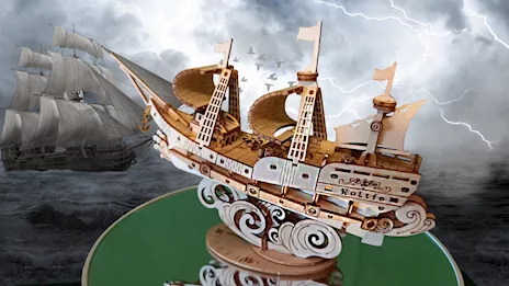 Veliero su piedistallo in legno, da tavolo, in 3D