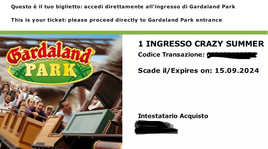 4 biglietti Gardaland ingresso valido fino al 15/09