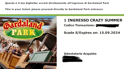 4 biglietti Gardaland ingresso valido fino al 15/09