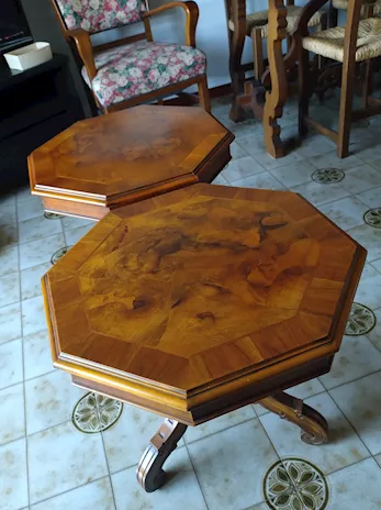 Coppia tavolini in legno intarsiato anni 80