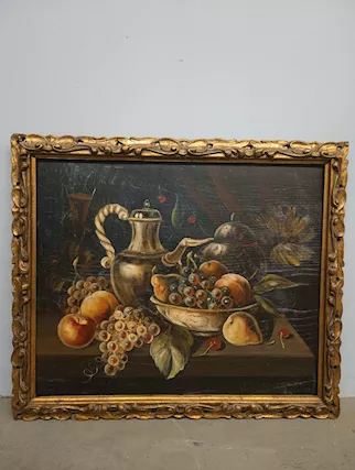 Antico dipinto olio su tavola, Natura morta, metà XIX sec.,