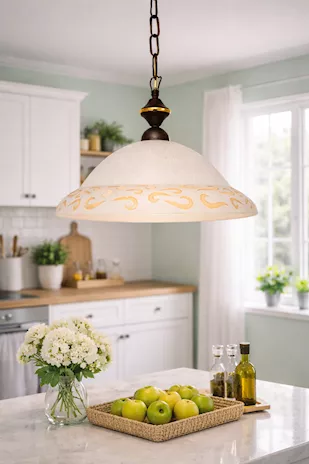 Lampadario in vetro con bassorilievo decorato