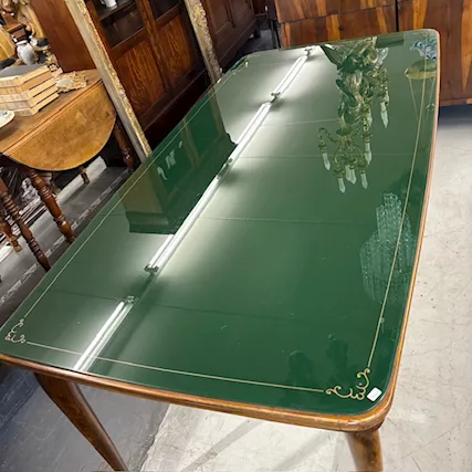 Tavolo modernariato anni 60 con piano in vetro verde dipinto, in legno - Foto 5