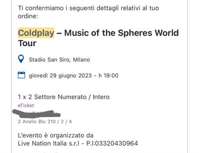 Scambio biglietto Coldplay 29 Giugno