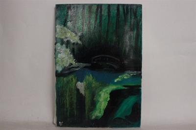 Quadro olio su tela, Ponte nella foresta, 38cm x 55cm