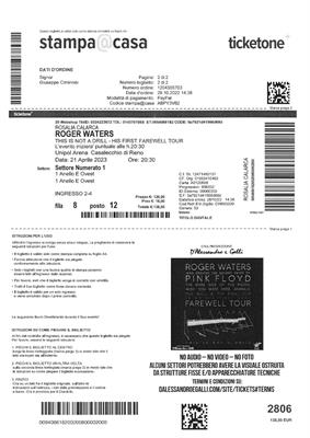 2 Biglietti Roger Waters 21 Aprile Bologna