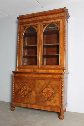 Antica Libreria Carlo X in noce 1830 Lombardia con intarsi - Anteprima 1