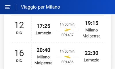Biglietti aereo Lamezia Terme/ Milano Malpensa e ritorno