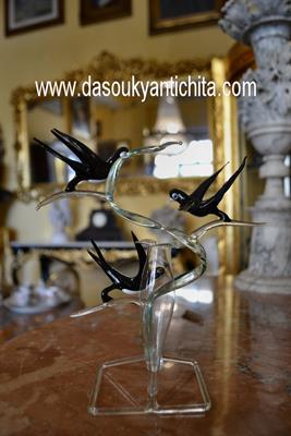 Vaso/soliflore su ramo con rondini vetro di Murano anni 70