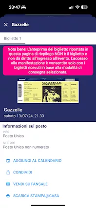 BIGLIETTO CONCERTO GAZZELLE CATANIA 13 LUGLIO