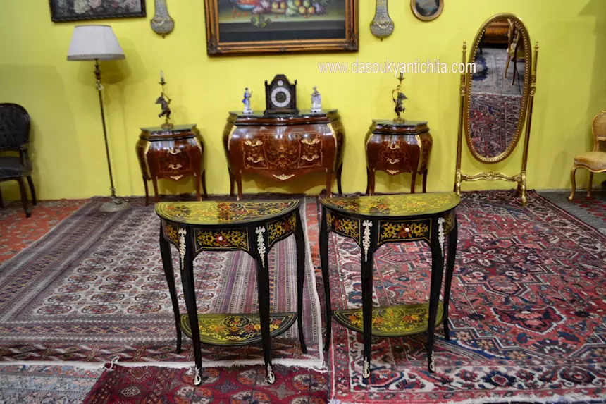 Coppia di tavolini - console ebanizzati mezzo giro, in legno - Foto 3