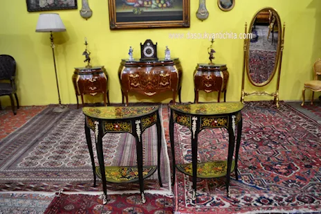 Coppia di tavolini - console ebanizzati mezzo giro, in legno - Foto 3