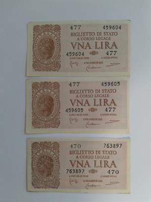 3 banconote da Una Lira del 1944