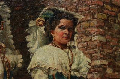 Quadro olio su tela di dame con cornice coeva legno scolpito - Foto 4