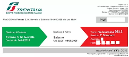 Biglietti Firenze S.M. Novella - Salerno 4 Maggio