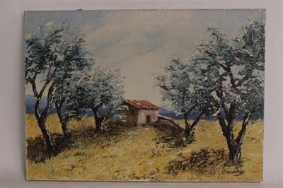 Quadro olio su tela, casa di campagna, con firma