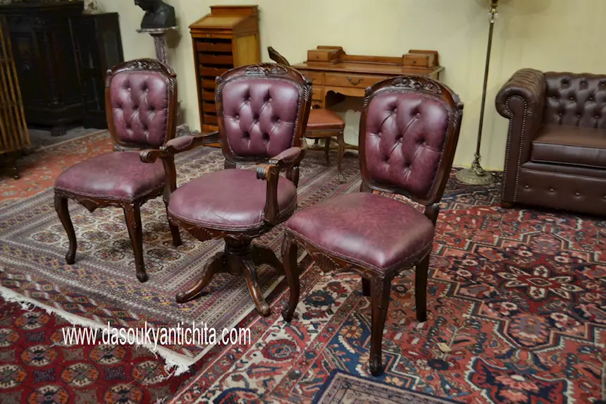 Trittico di poltrone da studio stile inglese Vittoriano, in legno - Foto 3
